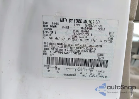 2008 Ford Escape Xlt z USA, uszkodzony, nr VIN 1FMCU931X8KE58795